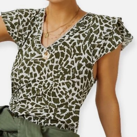 Anthropologie Tops - Maeve Catie Ruffle-Sleeved Tee XS Green Geometric Animal Print Anthropologie